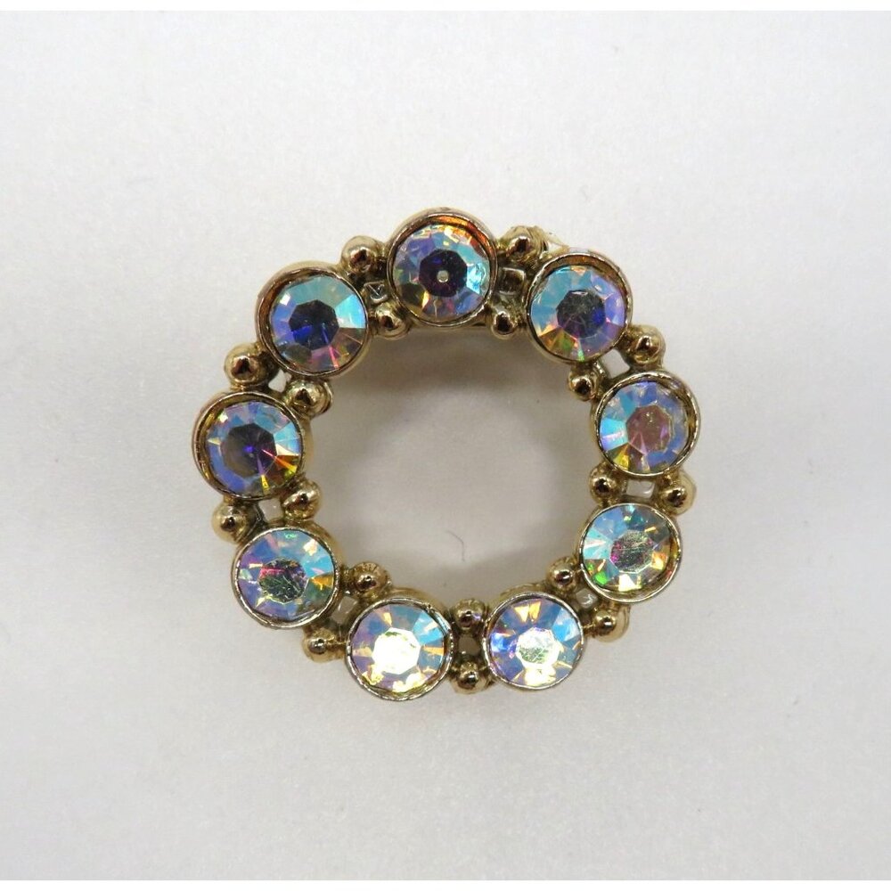 Vintage Brooch Aurora Borealis Crystal Circle Brooch Gold‎ Tone Pin - Picture 5 of 13
